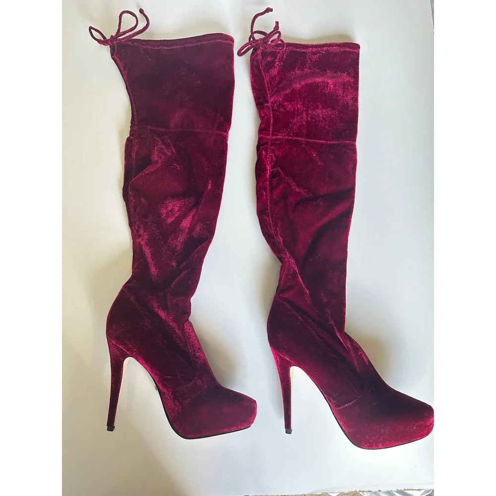 Bebe Giaa‎ Velvet Burgundy Over The Knee Stiletto Heel Boots Size 8 Glam NWB